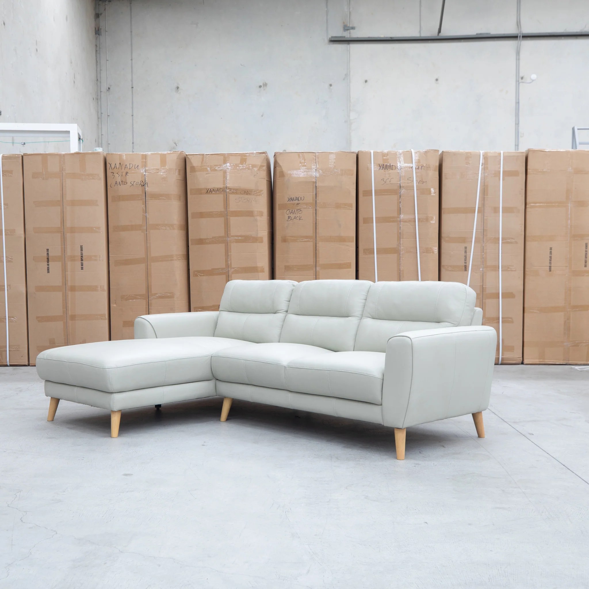 Nevada Three Seat LHF Leather Chaise Lounge - Light Grey - Image 3