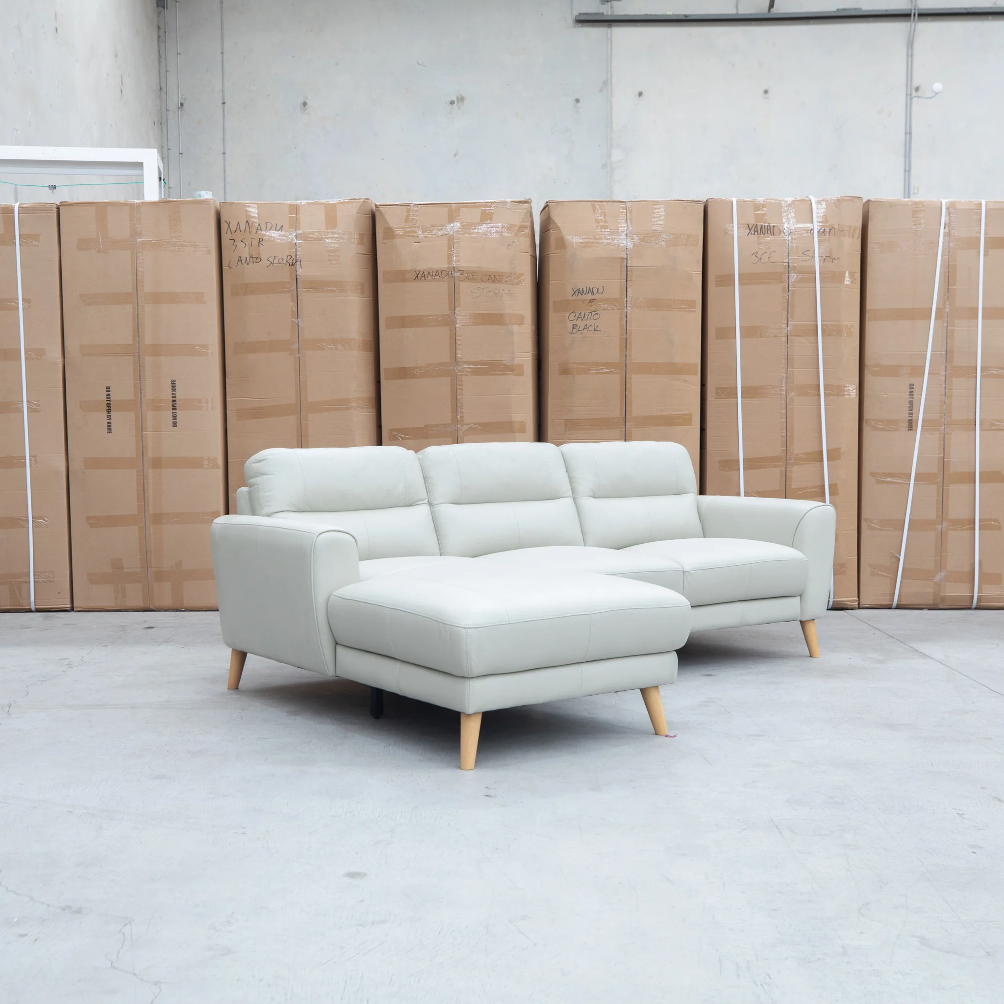 Nevada Three Seat LHF Leather Chaise Lounge - Light Grey - Image 7