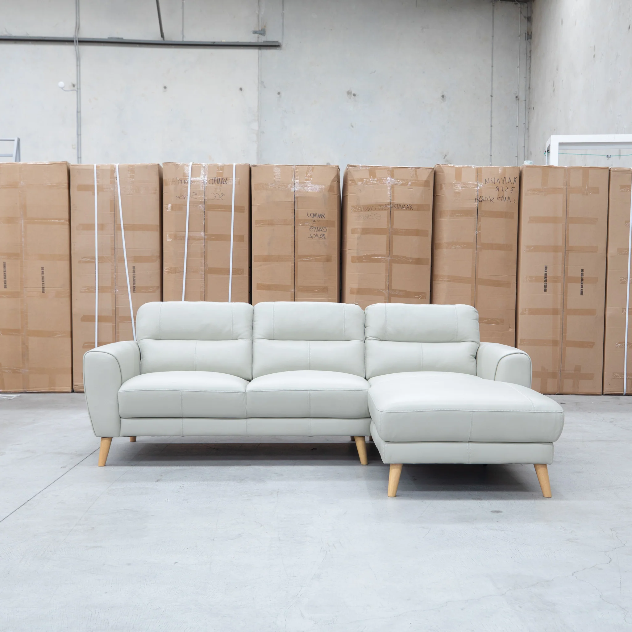 Nevada Three Seat RHF Leather Chaise Lounge - Light Grey - Image 6